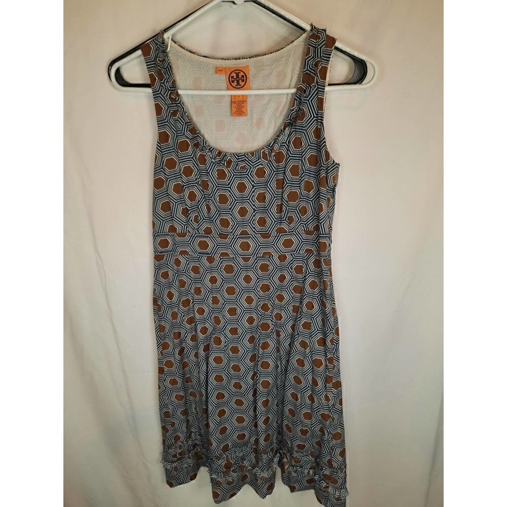 Tory Burch Neutral Geometric Patterned Navy Brown Midi Dress Fit and Flare